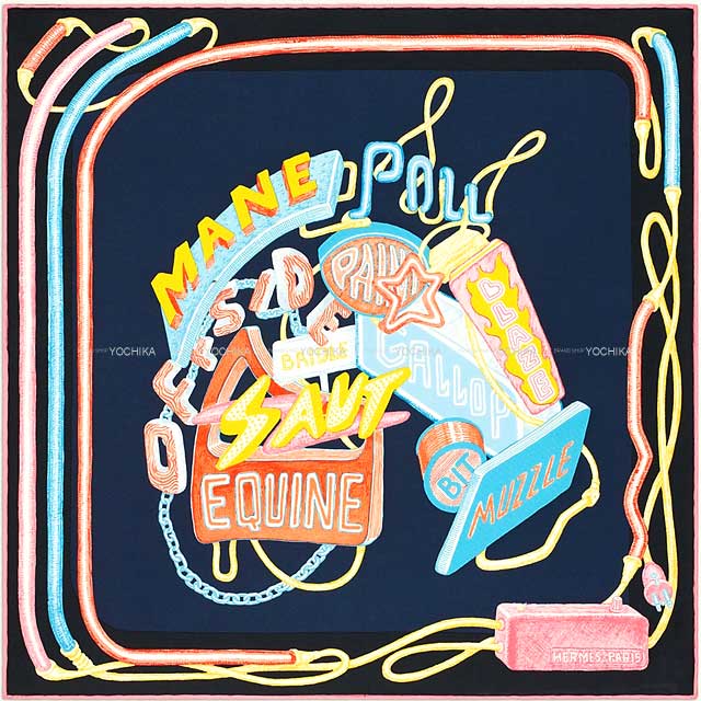 HERMES scarf Carre 45 Gavroche Chevaloscope Neon Marine/Rose/Jaune