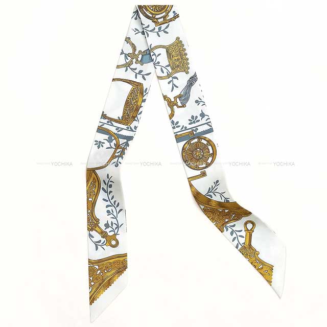 HERMES scarf Twilly Etriers Remix White(Blanc)/Gris Bleu/ Dore