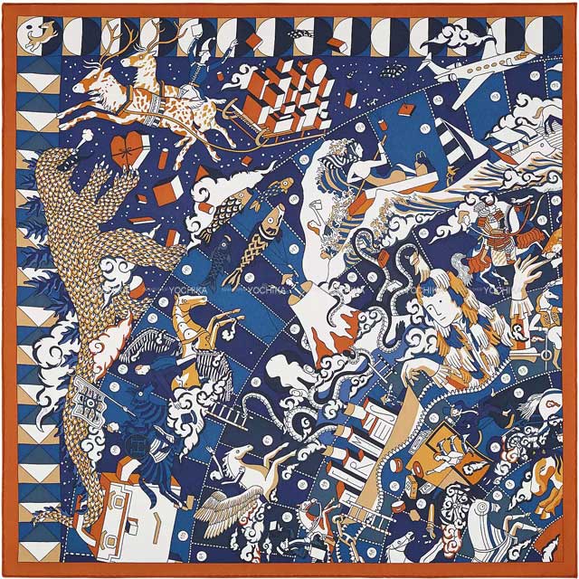 2021 AW HERMES scarf Carre 70 L'Epopee d'Hermes Caramel/Marine