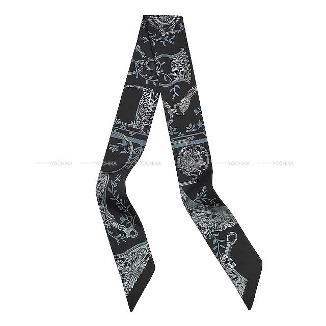 HERMES scarf Twilly Etriers Remix Black/Ciel/Argent Silk100%[BRAND