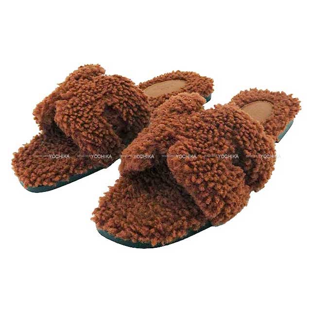 HERMES sandals Oran Teddy Bear Mouton #36 Cognac Sheepskin 36