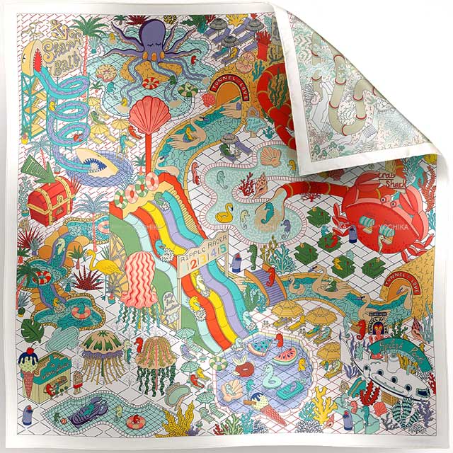HERMES scarf Carre 90 Splash Park Double face Blanc (White)/Mauve