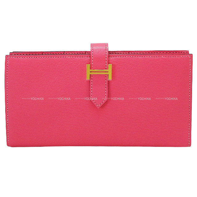 HERMES long wallet Bearn Soufflet Rose Azalee Chevre Mysore Gold