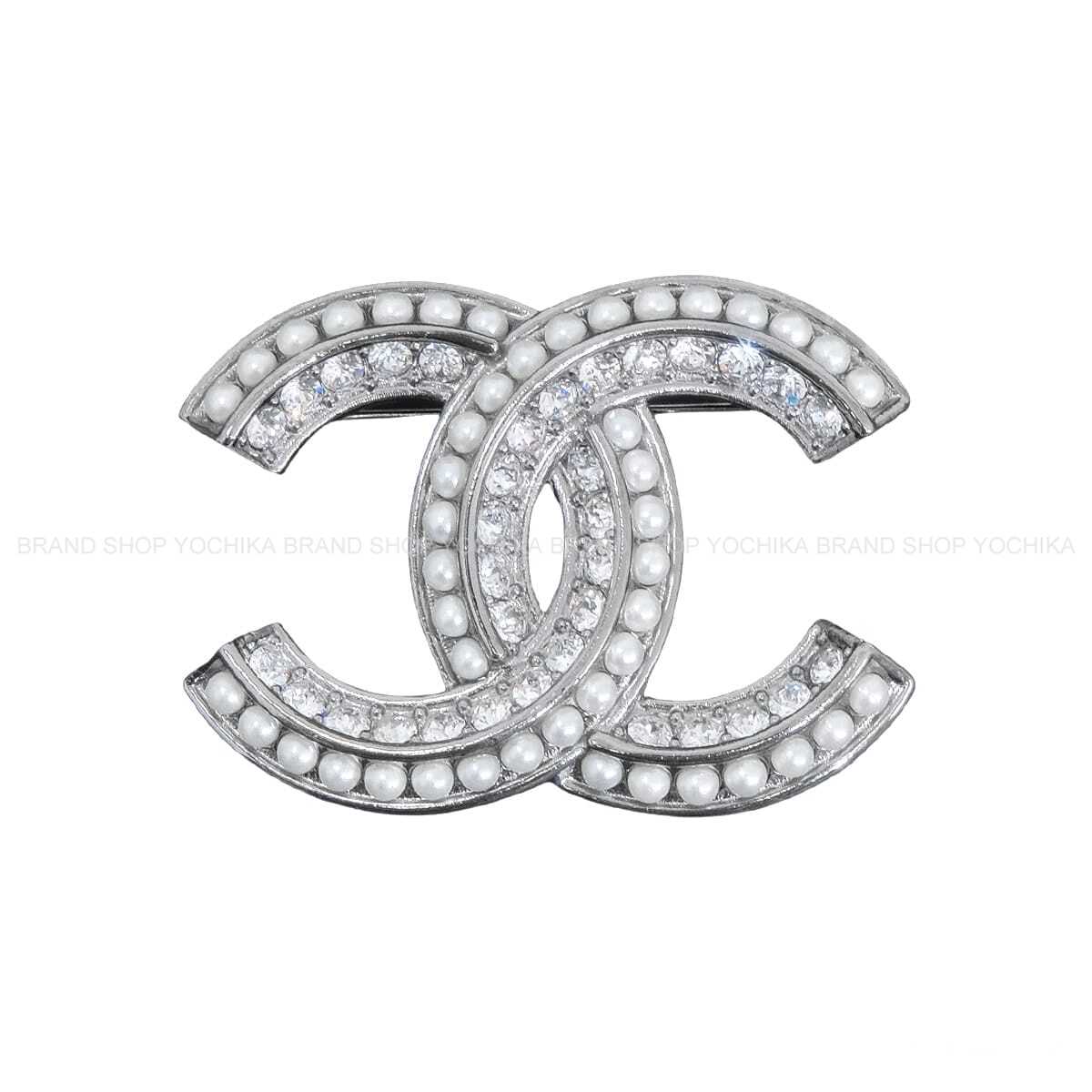 CHANEL broach Big COCO Mark Pearl & Rhinestones Silver Silver HW