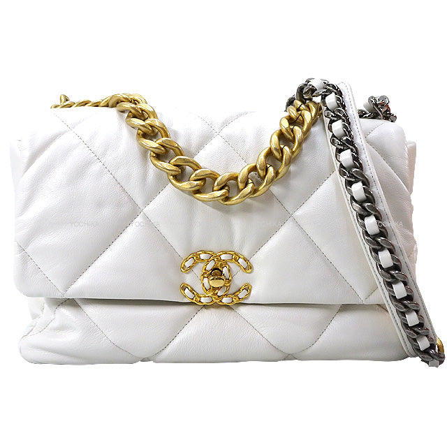 Pre-loved] CHANEL Handbag Large CHANEL19 Matelasse AS1161 Blanc
