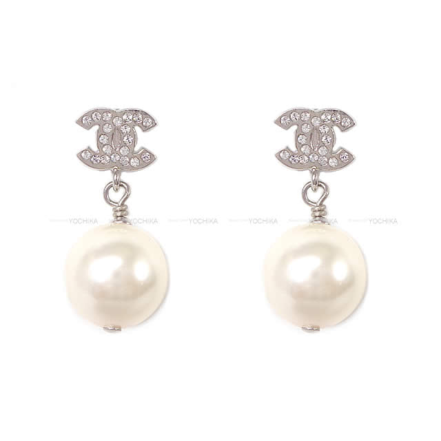 [Pre-loved] CHANEL pierced earring COCO mark rhinestone with pearl Silver HW A36138[LIKE NEW][Authentic]