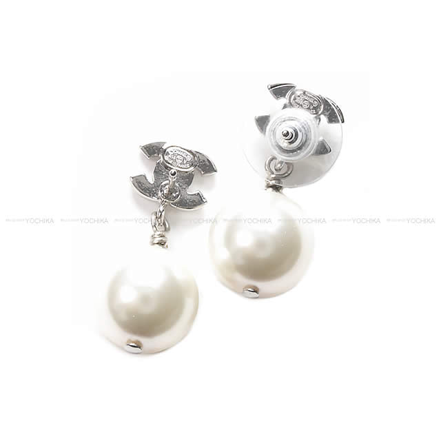 [Pre-loved] CHANEL pierced earring COCO mark rhinestone with pearl Silver HW A36138[LIKE NEW][Authentic]