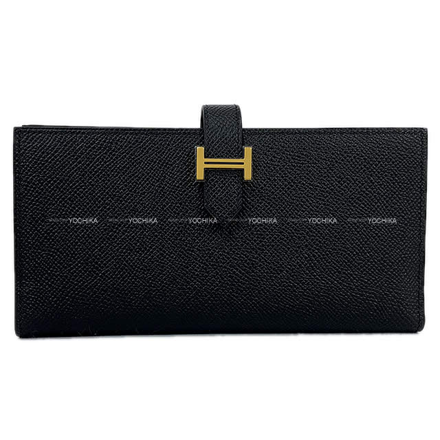 HERMES long wallet Bearn Soufflet Noir (Black) Ever Grain Gold HW Stamp B[EXCELLENT][Authentic]