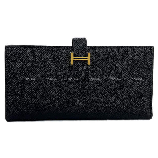 HERMES long wallet Bearn Soufflet Noir (Black) Ever Grain Gold HW Stamp B[EXCELLENT][Authentic]