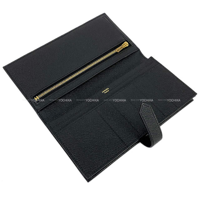 HERMES long wallet Bearn Soufflet Noir (Black) Ever Grain Gold HW Stamp B[EXCELLENT][Authentic]