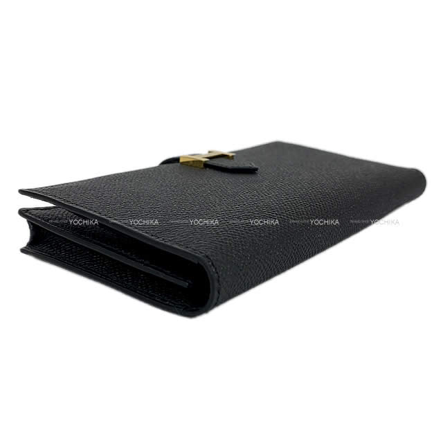 HERMES long wallet Bearn Soufflet Noir (Black) Ever Grain Gold HW Stamp B[EXCELLENT][Authentic]