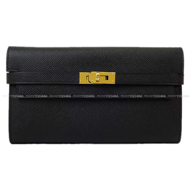 HERMES long wallet Kelly Wallet Long Classic Noir (Black) Veau Epsom Gold HW Stamp A[EXCELLENT][Authentic]