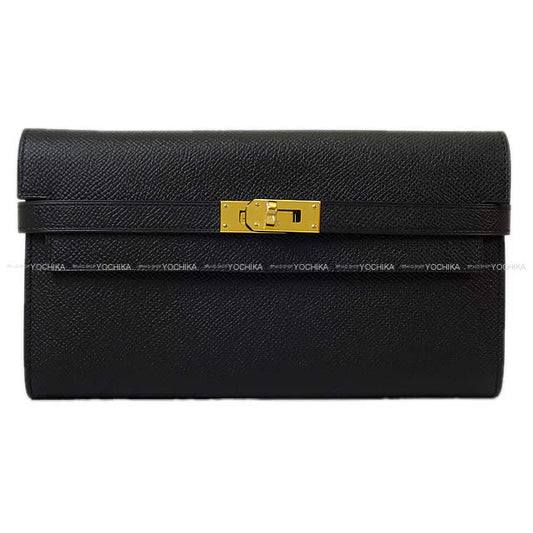 HERMES long wallet Kelly Wallet Long Classic Noir (Black) Veau Epsom Gold HW Stamp D[EXCELLENT][Authentic]