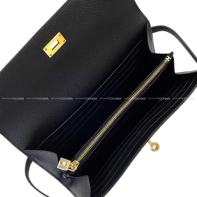 HERMES long wallet Kelly Wallet Long Classic Noir (Black) Veau Epsom Gold HW Stamp D[EXCELLENT][Authentic]