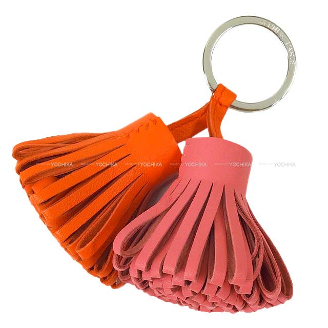 HERMES key ring Carmen Unodos Orange Poppy/Rose Azalee Agneau Milo Silver HW[EXCELLENT][Authentic]