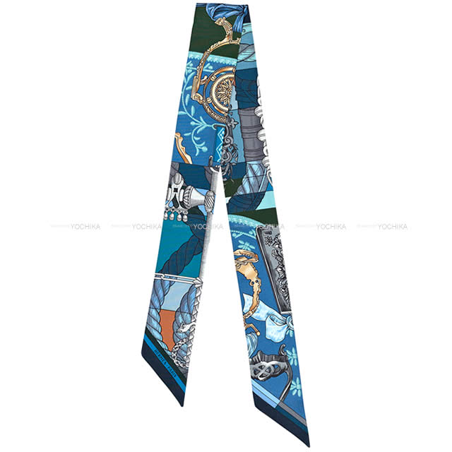 HERMES scarf Twilly Cavalleria d'Etriers Marin/Canard/Beige Silk100%[EXCELLENT][Authentic]