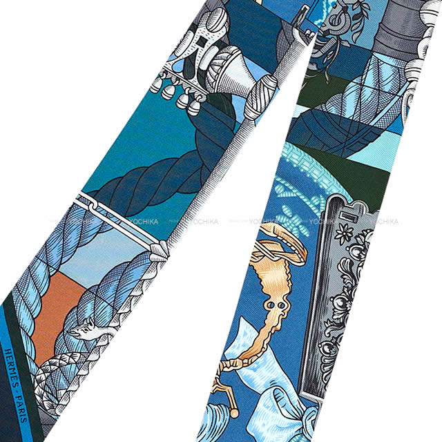 HERMES scarf Twilly Cavalleria d'Etriers Marin/Canard/Beige Silk100%[EXCELLENT][Authentic]