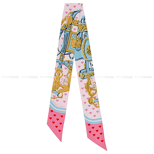 HERMES scarf Twilly Brides de Gala Love Rose Pale/Blue Glacier Silk100%[EXCELLENT][Authentic]