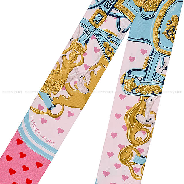 HERMES scarf Twilly Brides de Gala Love Rose Pale/Blue Glacier Silk100%[EXCELLENT][Authentic]