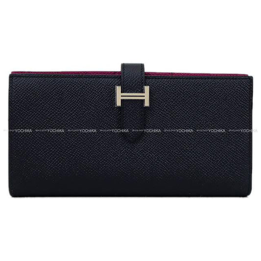 HERMES long wallet Bearn Soufflet Verso Blue Indigo/Rose Purple Veau Epsom Silver HW Stamp C[EXCELLENT][Authentic]