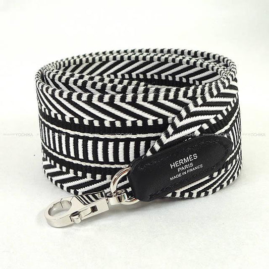 HERMES shoulder strap Bandouliere 50mm 85cm Sangles Caval Noir (Black)/Blanc (White) Toile/Veau Swift Silver HW Stamp G[BRAND NEW][Authentic]