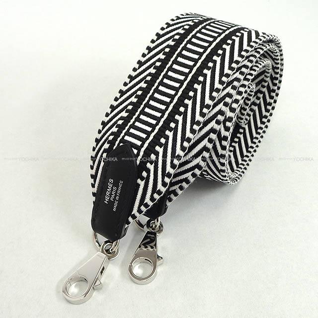 HERMES shoulder strap Bandouliere 50mm 85cm Sangles Caval Noir (Black)/Blanc (White) Toile/Veau Swift Silver HW Stamp G[BRAND NEW][Authentic]