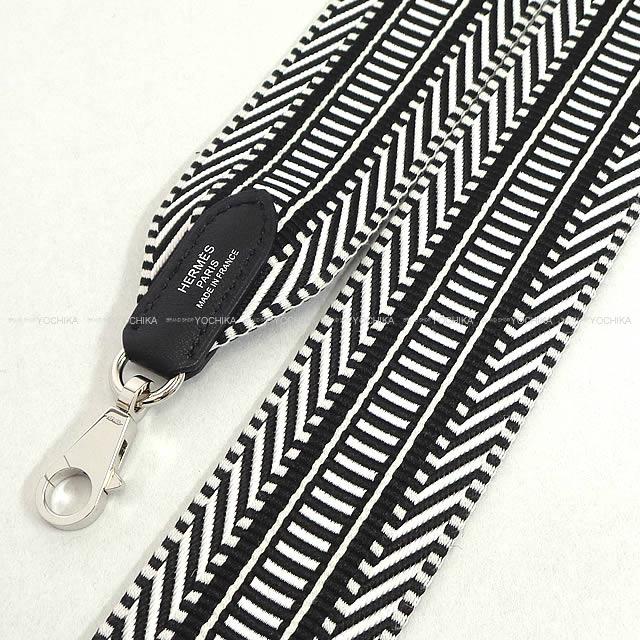 HERMES shoulder strap Bandouliere 50mm 85cm Sangles Caval Noir (Black)/Blanc (White) Toile/Veau Swift Silver HW Stamp G[BRAND NEW][Authentic]