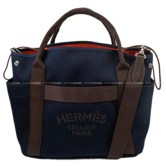 HERMES Shoulder bag Sac de pansage Groom Blue Navy/Feu Orange Toile Chevrons Bridle Leather Silver HW Stamp Z[EXCELLENT][Authentic]