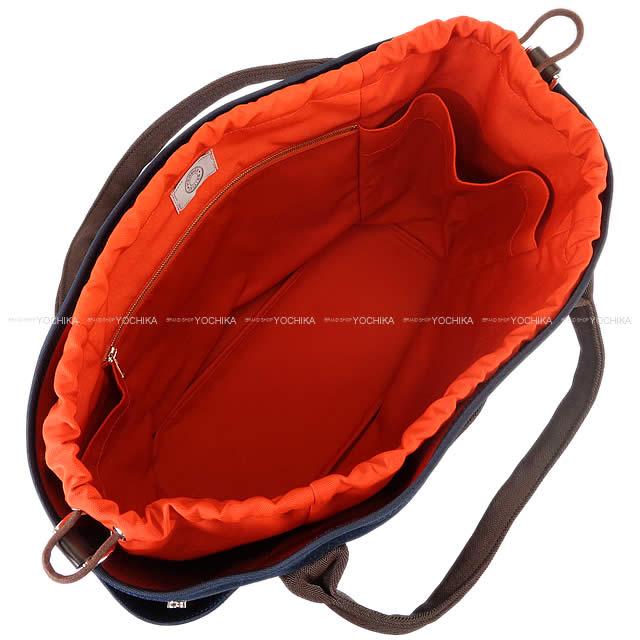 HERMES Shoulder bag Sac de pansage Groom Blue Navy/Feu Orange Toile Chevrons Bridle Leather <br>Removable inside<br> Silver HW Stamp Z[EXCELLENT][Authentic]