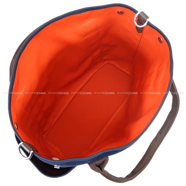 HERMES Shoulder bag Sac de pansage Groom Blue Navy/Feu Orange Toile Chevrons Bridle Leather <br>Removable inside<br> Silver HW Stamp Z[EXCELLENT][Authentic]