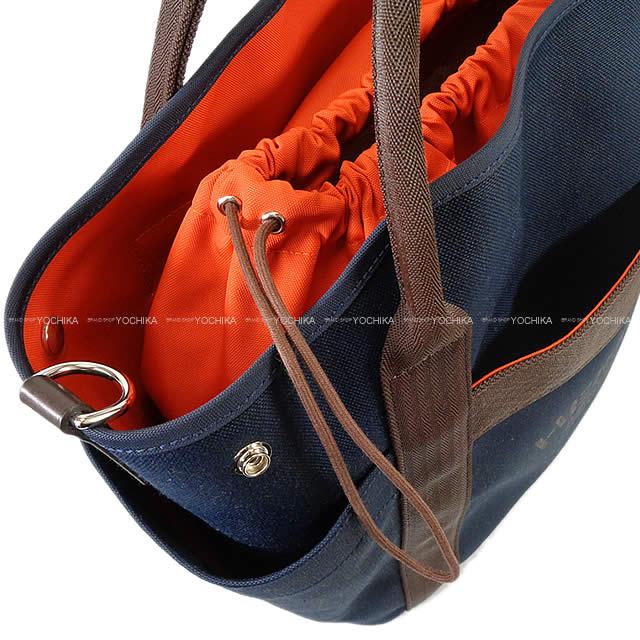 HERMES Shoulder bag Sac de pansage Groom Blue Navy/Feu Orange Toile Chevrons Bridle Leather <br>Removable inside<br> Silver HW Stamp Z[EXCELLENT][Authentic]