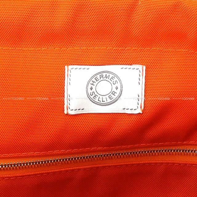 HERMES Shoulder bag Sac de pansage Groom Blue Navy/Feu Orange Toile Chevrons Bridle Leather <br>Removable inside<br> Silver HW Stamp Z[EXCELLENT][Authentic]