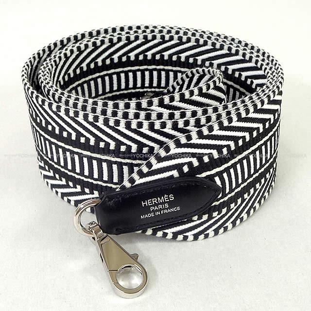 HERMES shoulder strap Bandouliere 50mm 105cm Sangles Caval Noir (Black)/Blanc (White) Toile/Veau Swift Silver HW Stamp K[BRAND NEW][Authentic]