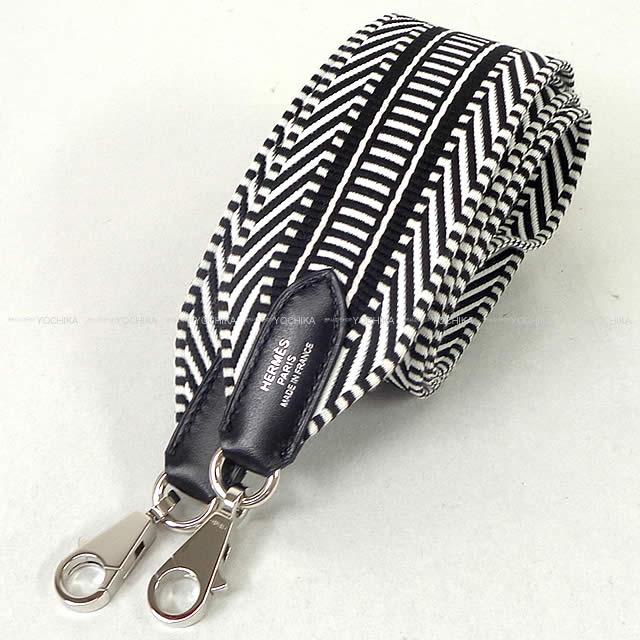 HERMES shoulder strap Bandouliere 50mm 105cm Sangles Caval Noir (Black)/Blanc (White) Toile/Veau Swift Silver HW Stamp K[BRAND NEW][Authentic]
