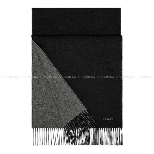 HERMES muffler Bi-color Recto-Verso Noir(Black)/Gris flanelle Cashmere100%[BRAND NEW][Authentic]