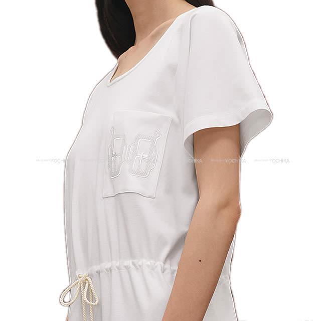 2019SS HERMES One‐piece dress Embroidered pocket Blanc (White) Lambskin #38 H920519D09038[EXCELLENT][Authentic]