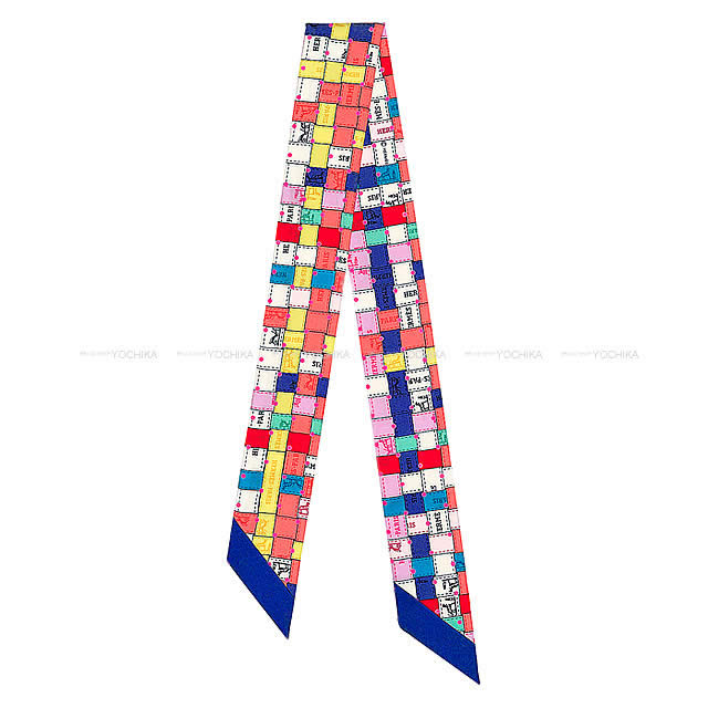 HERMES scarf Twilly Bolduc Check Plumetis DotCoral/Jaune/Rose Silk100%[EXCELLENT][Authentic]