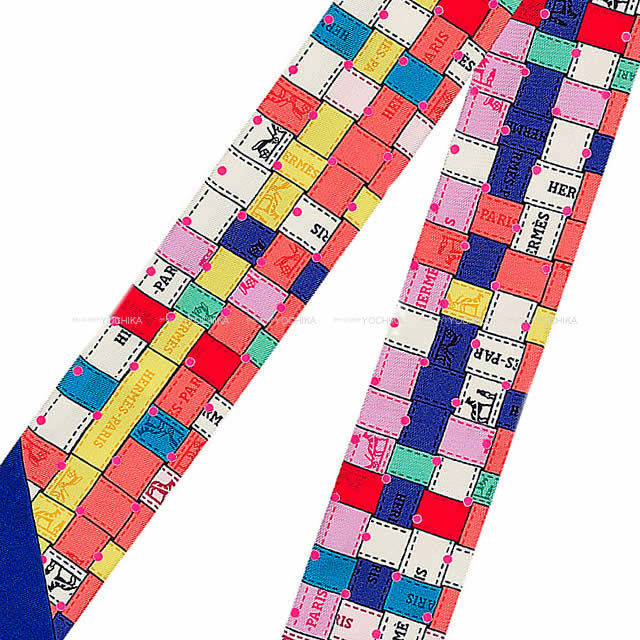 HERMES scarf Twilly Bolduc Check Plumetis DotCoral/Jaune/Rose Silk100%[EXCELLENT][Authentic]