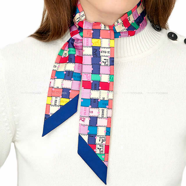 HERMES scarf Twilly Bolduc Check Plumetis DotCoral/Jaune/Rose Silk100%[EXCELLENT][Authentic]