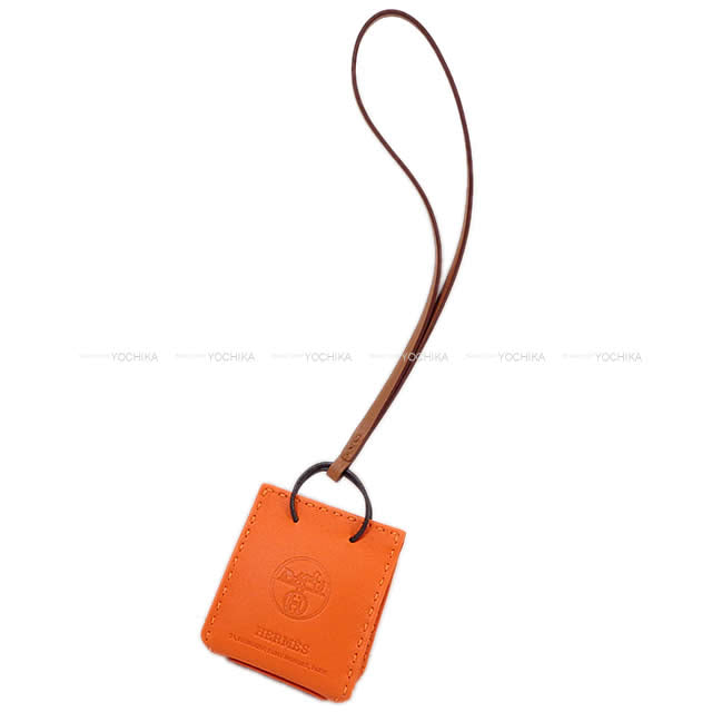 HERMES bag charm Sac Orange Mini Shopping bag Feu Orange Agneau Milo Stamp D[EXCELLENT][Authentic]