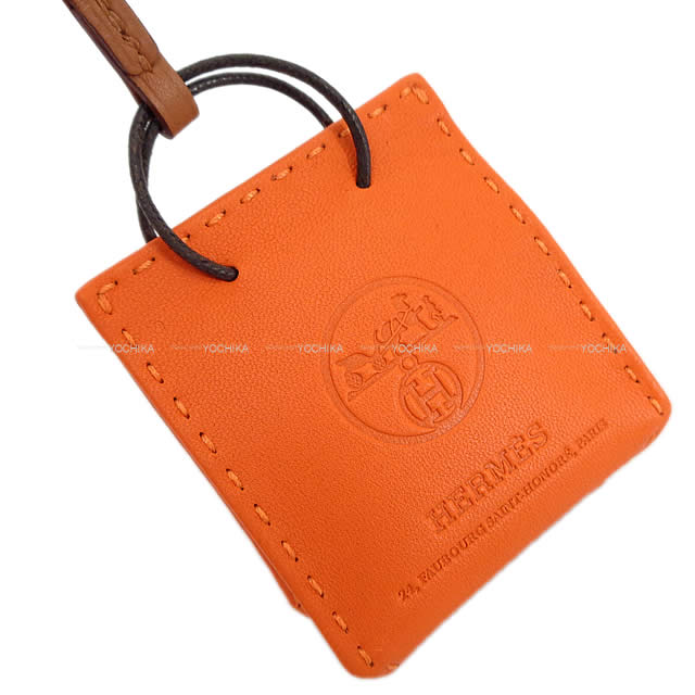 HERMES bag charm Sac Orange Mini Shopping bag Feu Orange Agneau Milo Stamp D[EXCELLENT][Authentic]