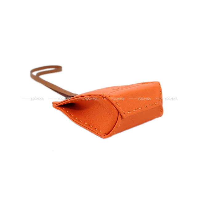 HERMES bag charm Sac Orange Mini Shopping bag Feu Orange Agneau Milo Stamp D[EXCELLENT][Authentic]