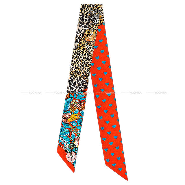 HERMES scarf Twilly Jungle Love Love Orange/Blue/Blanc Silk100%[EXCELLENT][Authentic]