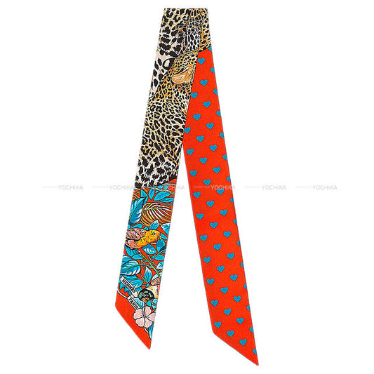 HERMES scarf Twilly Jungle Love Love Orange/Blue/Blanc Silk100%[EXCELLENT][Authentic]