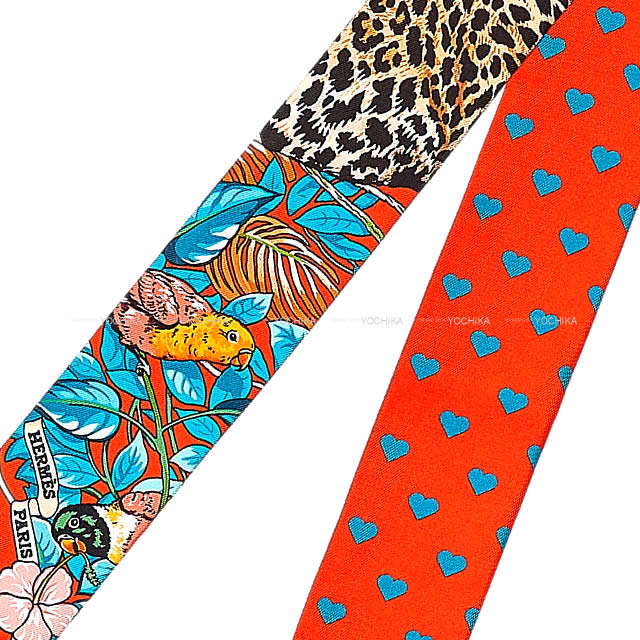 HERMES scarf Twilly Jungle Love Love Orange/Blue/Blanc Silk100%[EXCELLENT][Authentic]