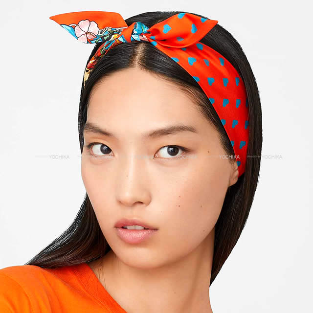 HERMES scarf Twilly Jungle Love Love Orange/Blue/Blanc Silk100%[EXCELLENT][Authentic]