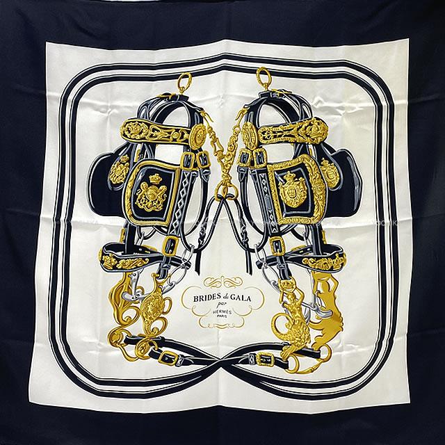 HERMES scarf Carre 90 Brides de Gala Noir (Black)/Blanc (White)/Gold Silk100%[EXCELLENT][Authentic]