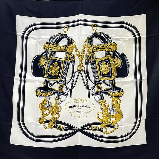HERMES scarf Carre 90 Brides de Gala Noir (Black)/Blanc (White)/Gold Silk100%[EXCELLENT][Authentic]
