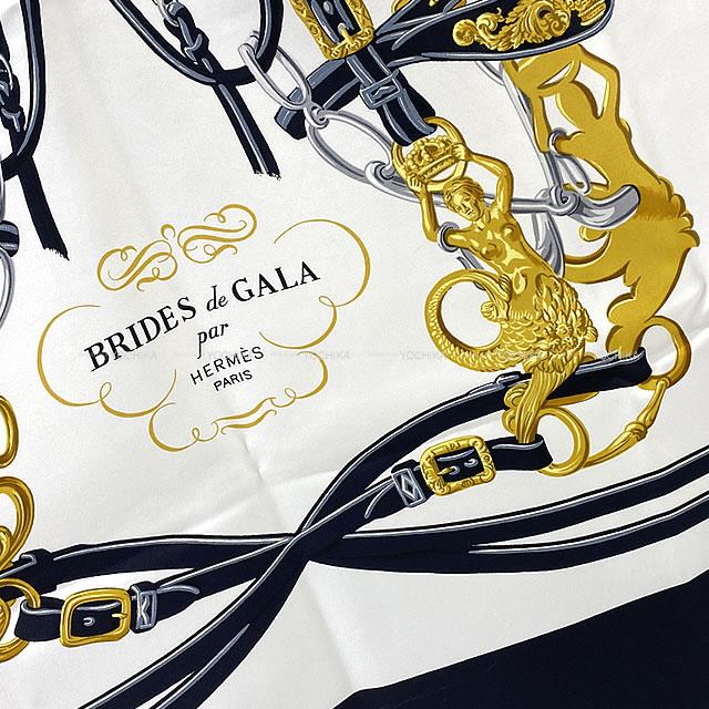 HERMES scarf Carre 90 Brides de Gala Noir (Black)/Blanc (White)/Gold Silk100%[EXCELLENT][Authentic]