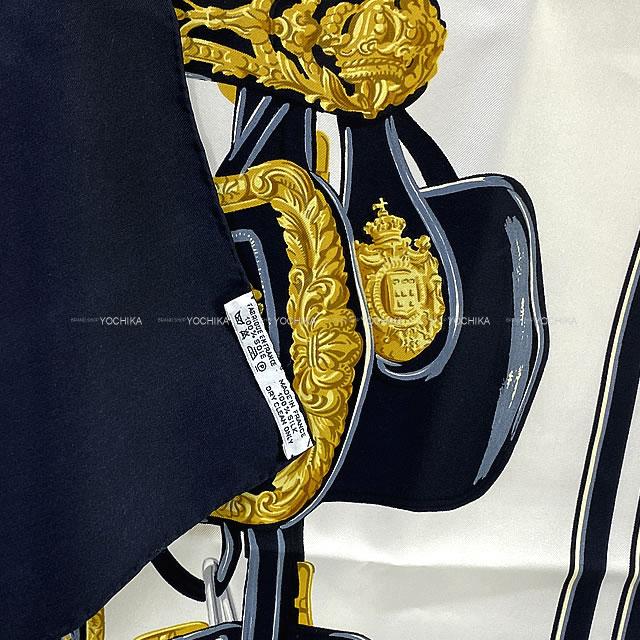 HERMES scarf Carre 90 Brides de Gala Noir (Black)/Blanc (White)/Gold Silk100%[EXCELLENT][Authentic]